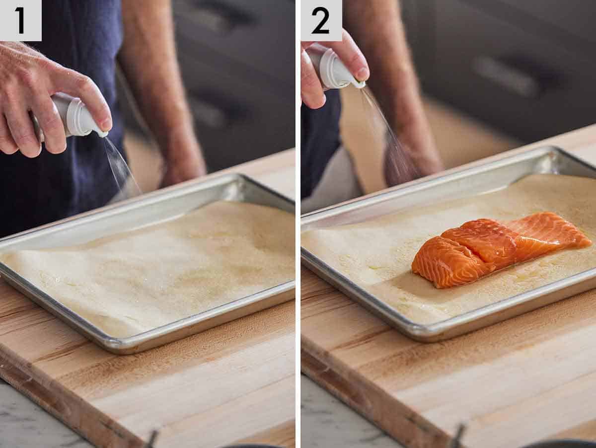 Set of two photos showing a sheet pan sprayed then salmon added to it.