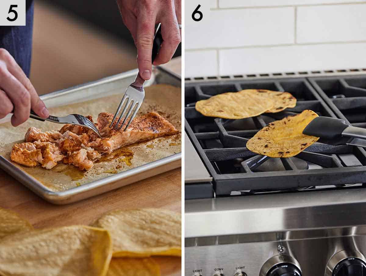 Set of two photos showing salmon shredded with forks and tortillas heated on a stove burner.