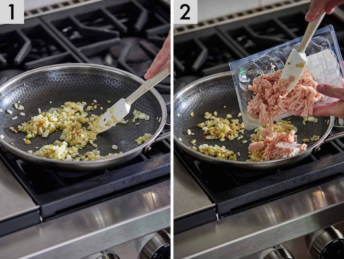 Set of two photos showing aromatics cooked and ground meat added.