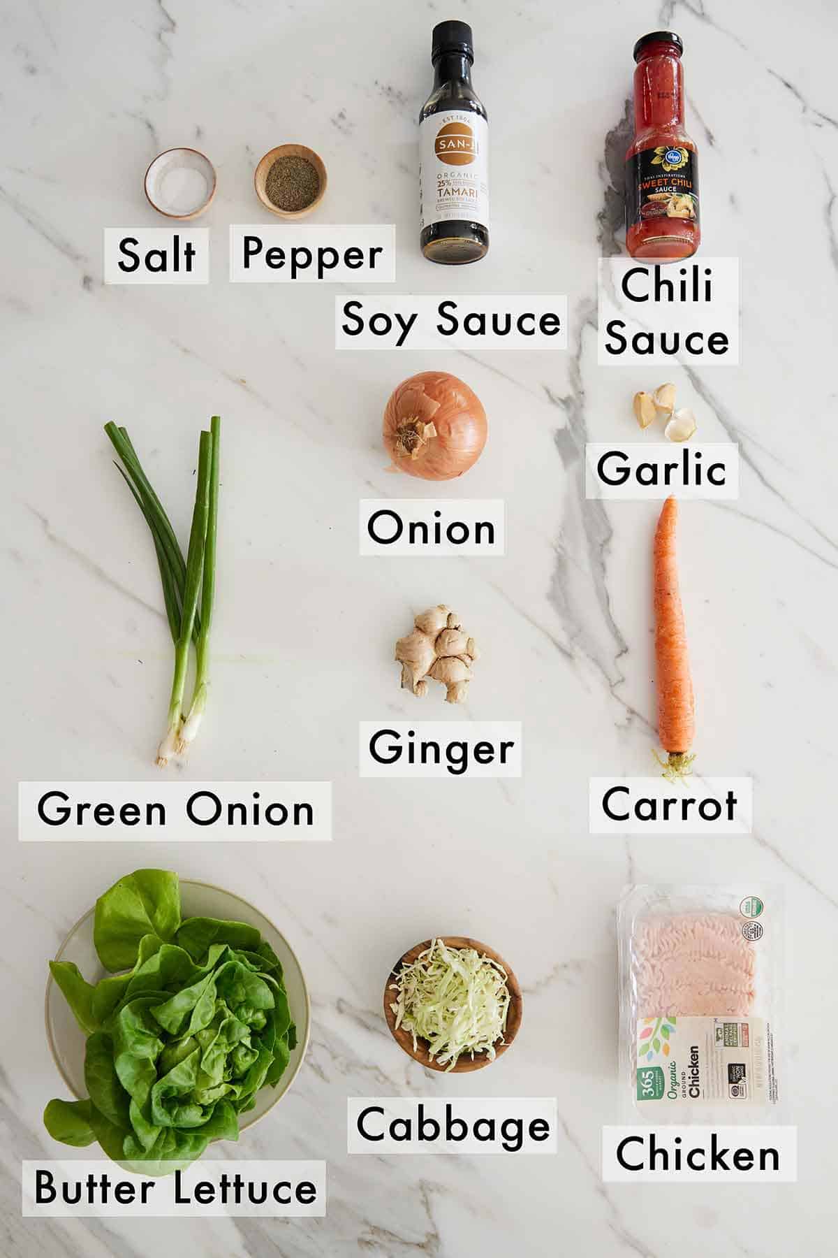 Ingredients needed to make Thai chicken lettuce wraps.