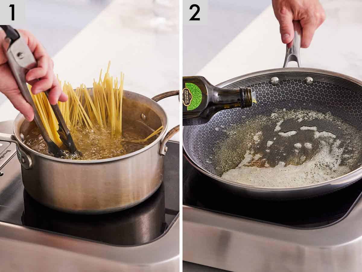 Set of two photos showing noodles cooked in a pot and oil added to a skillet.