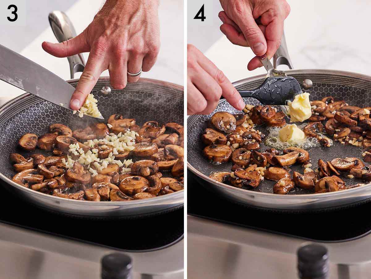 Set of two photos showing garlic and butter added to mushrooms.