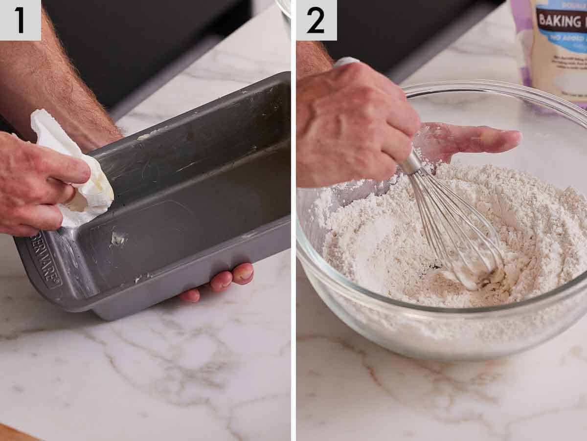 Set of two photos showing a loaf pan greased and dry ingredients whisked together.