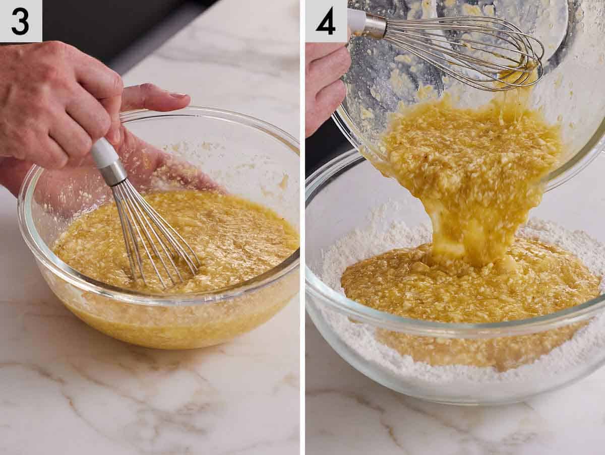 Set of two photos showing wet ingredients whisked together and poured into the bowl of dry ingredients.
