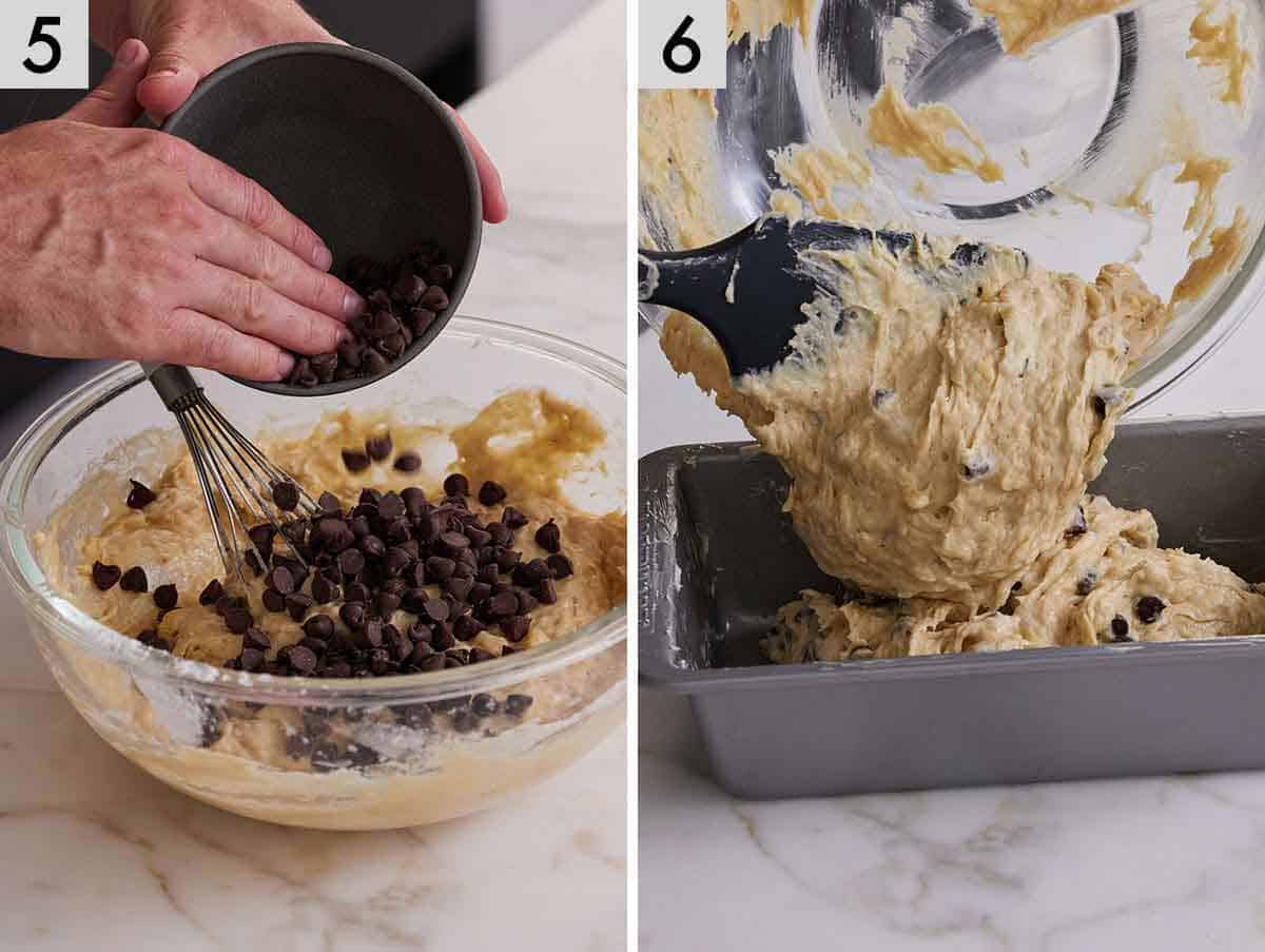 Set of two photos showing chocolate chips added to the batter and poured into the loaf pan.