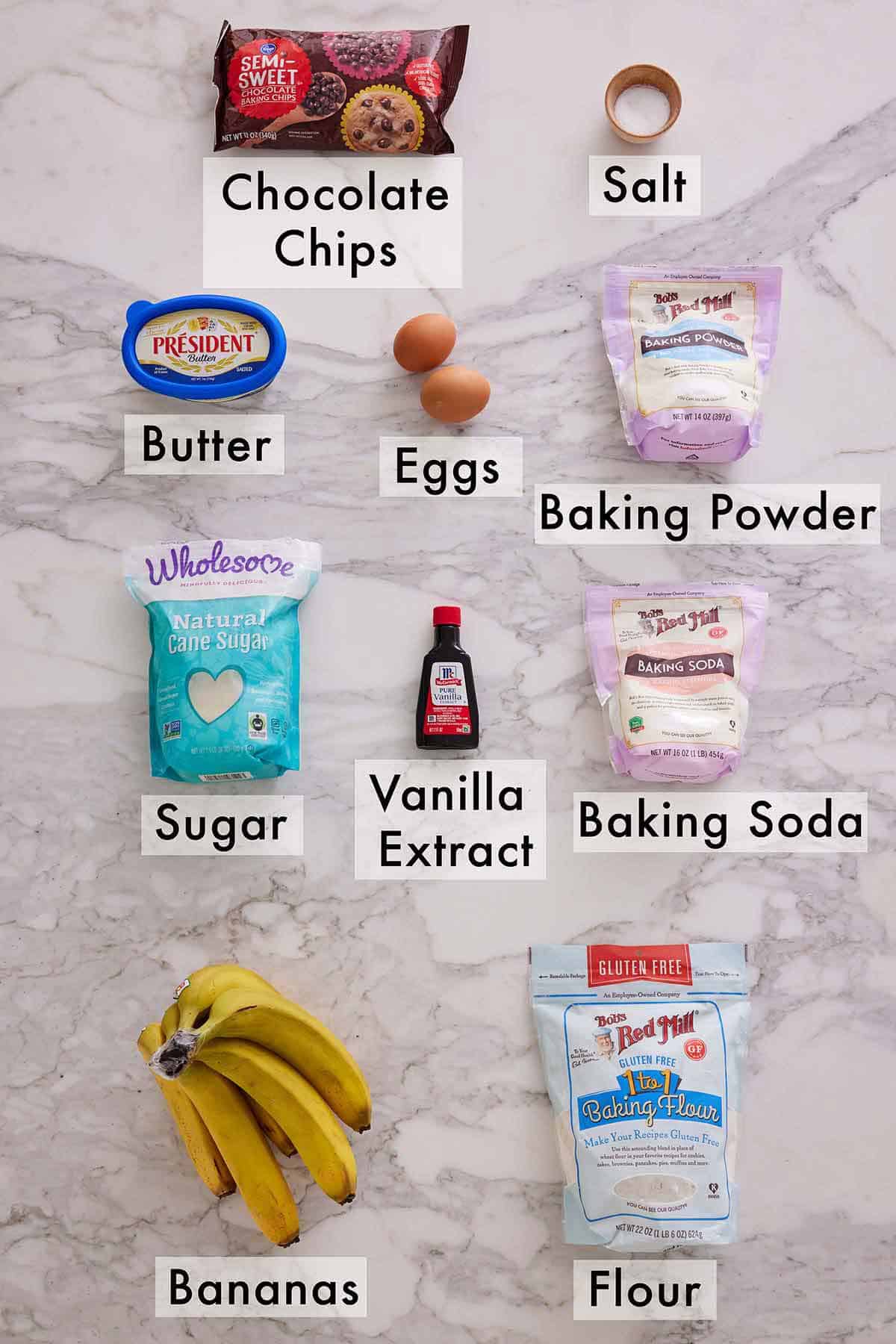 Ingredients needed to make gluten free chocolate chip banana bread.
