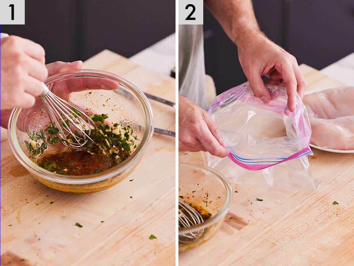 Set of two photos showing marinade whipped and a zip top bag opened.