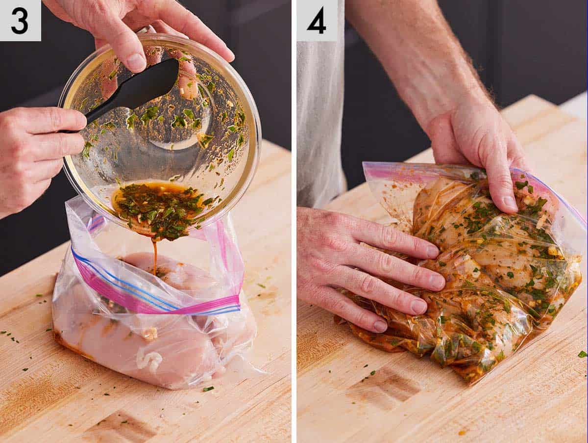 Set of two photos showing marinade transfer to a bag of chicken and massaged.