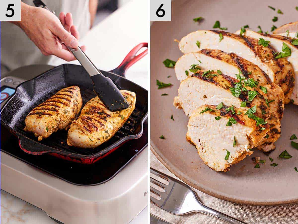 Set of two photos showing chicken breasts grilled and plated.