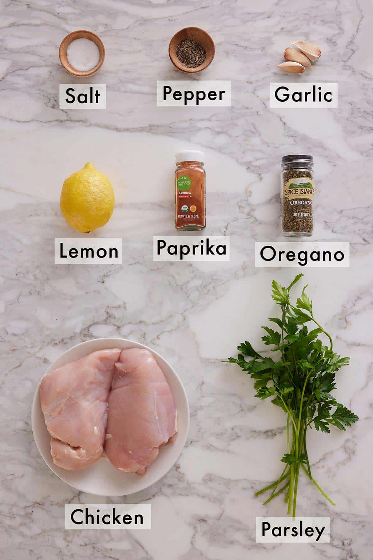 Ingredients needed to make Mediterranean grilled chicken.