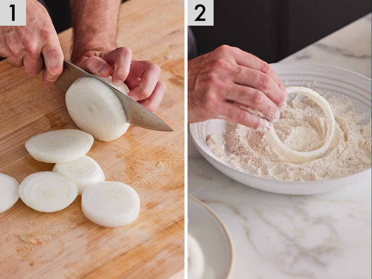 Set of two photos showing an onion sliced and coated in flour.