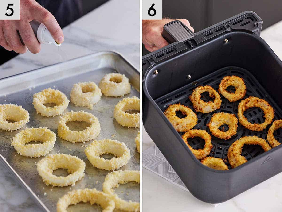 Set of two photos showing the prepared onion rings sprayed and air fried.
