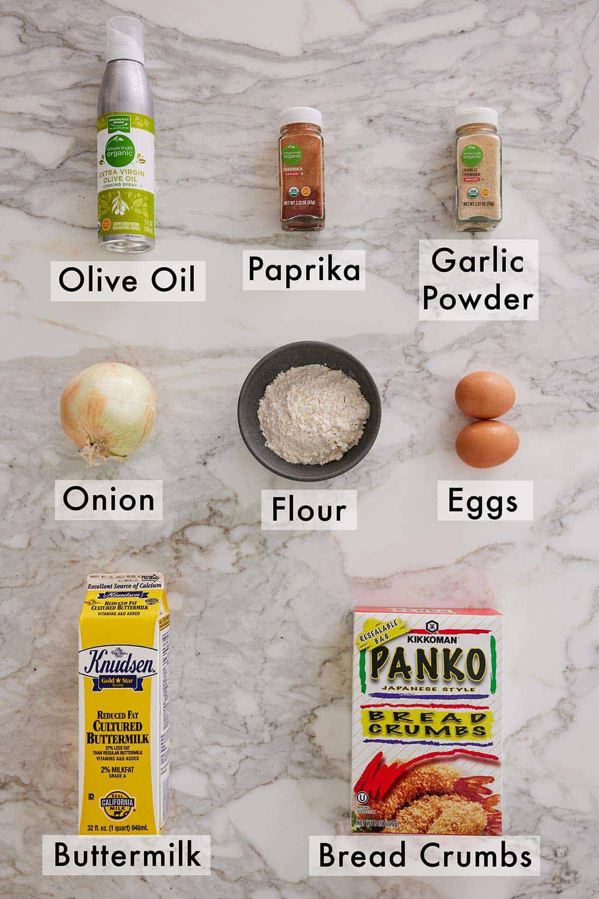 Ingredients needed to make air fryer onion rings.