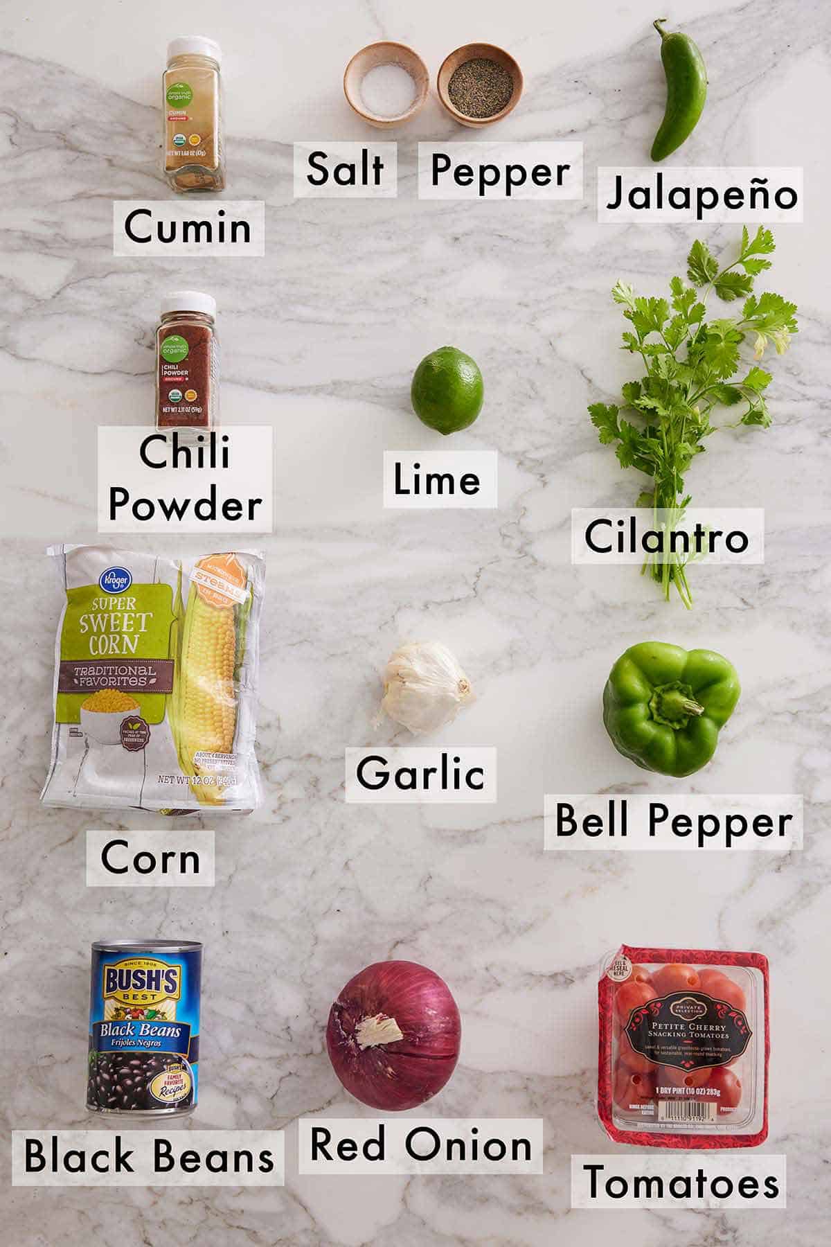 Ingredients needed to make black bean salad.