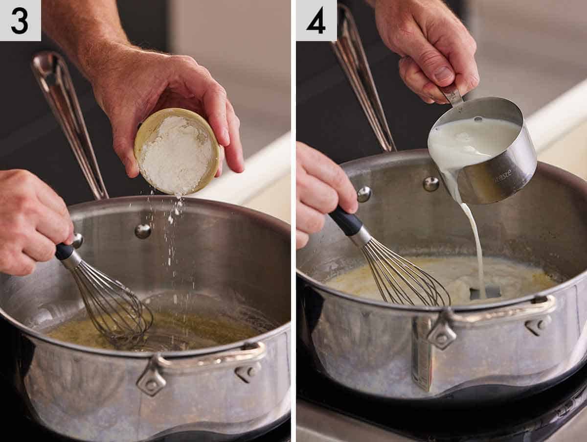 Set of two photos showing flour and milk added to a skillet.
