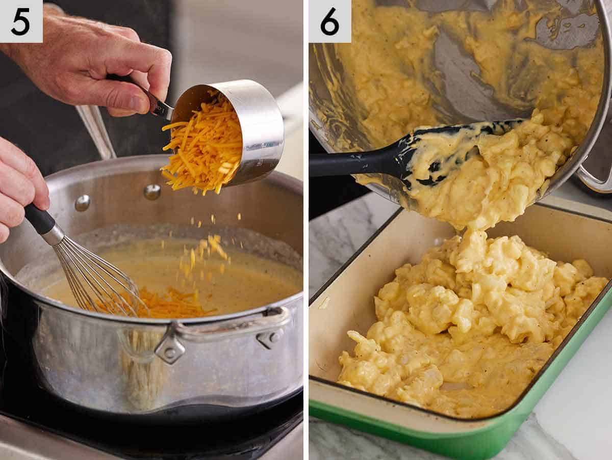 Set of two photos showing cheese added to the skillet and the cauliflower mixture transferred to a baking dish.