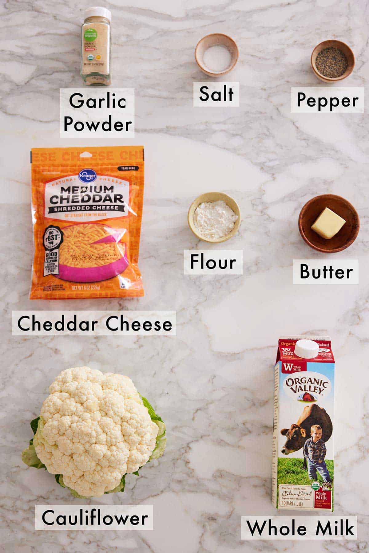 Ingredients needed to make cauliflower mac and cheese.