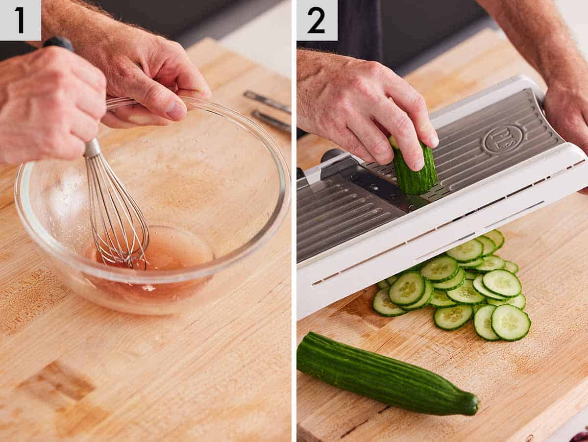 Set of two photos photos showing dressing whisked in a bowl and cucumbers sliced.