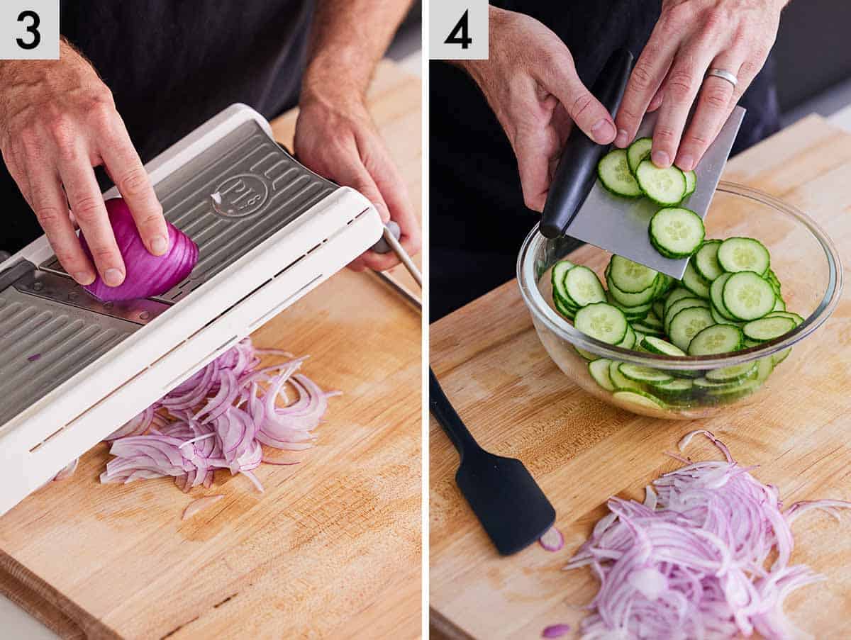 Set of two photos showing a red onion sliced and cucumbers added to a bowl.