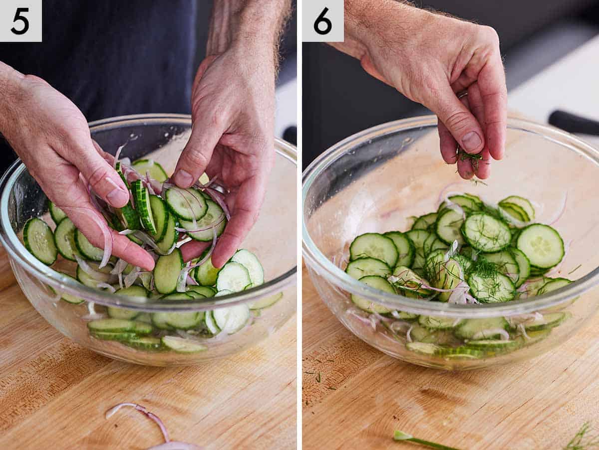 Set of two photos showing ingredients in a bowl tossed together then topped with fresh dill.