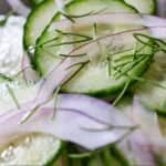 Pinterest graphic of a close up view of sliced cucumbers, red onions, and fresh dill.