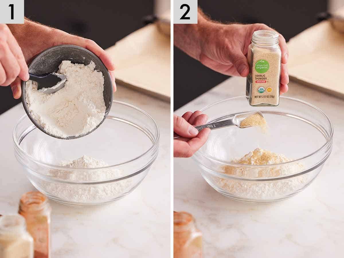 Set of two photos showing flour and seasoning combined in a bowl.