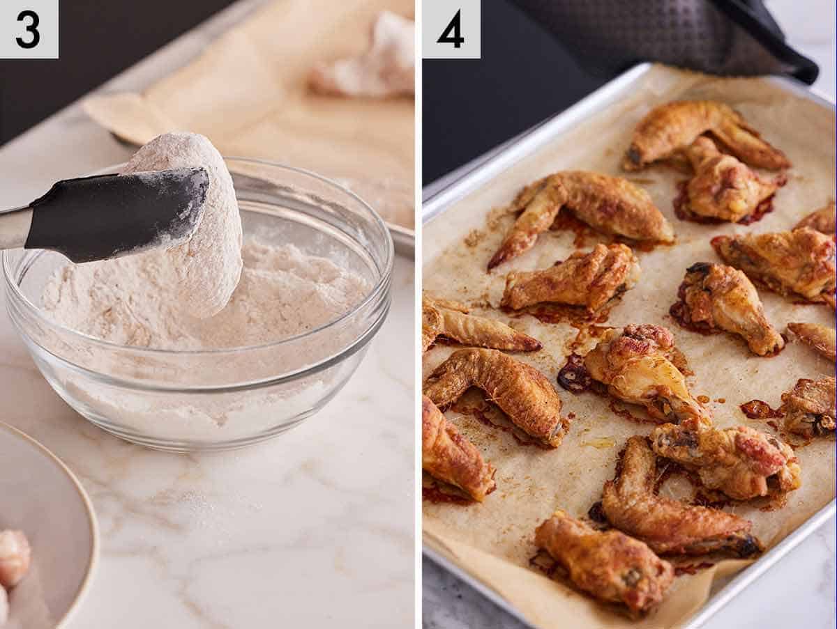 Set of two photos showing the chicken coated in the dry mixture and baked on a lined sheet pan.