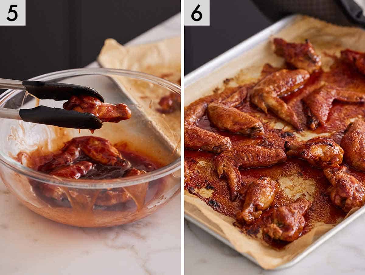 Set of two photos showing the chicken coated in sauce and baked again.