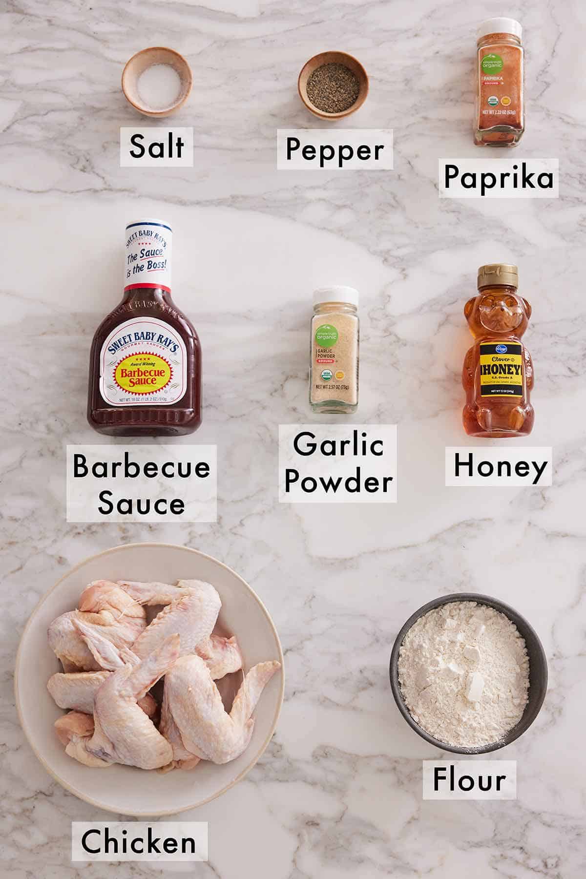 Ingredients needed to make honey BBQ wings.
