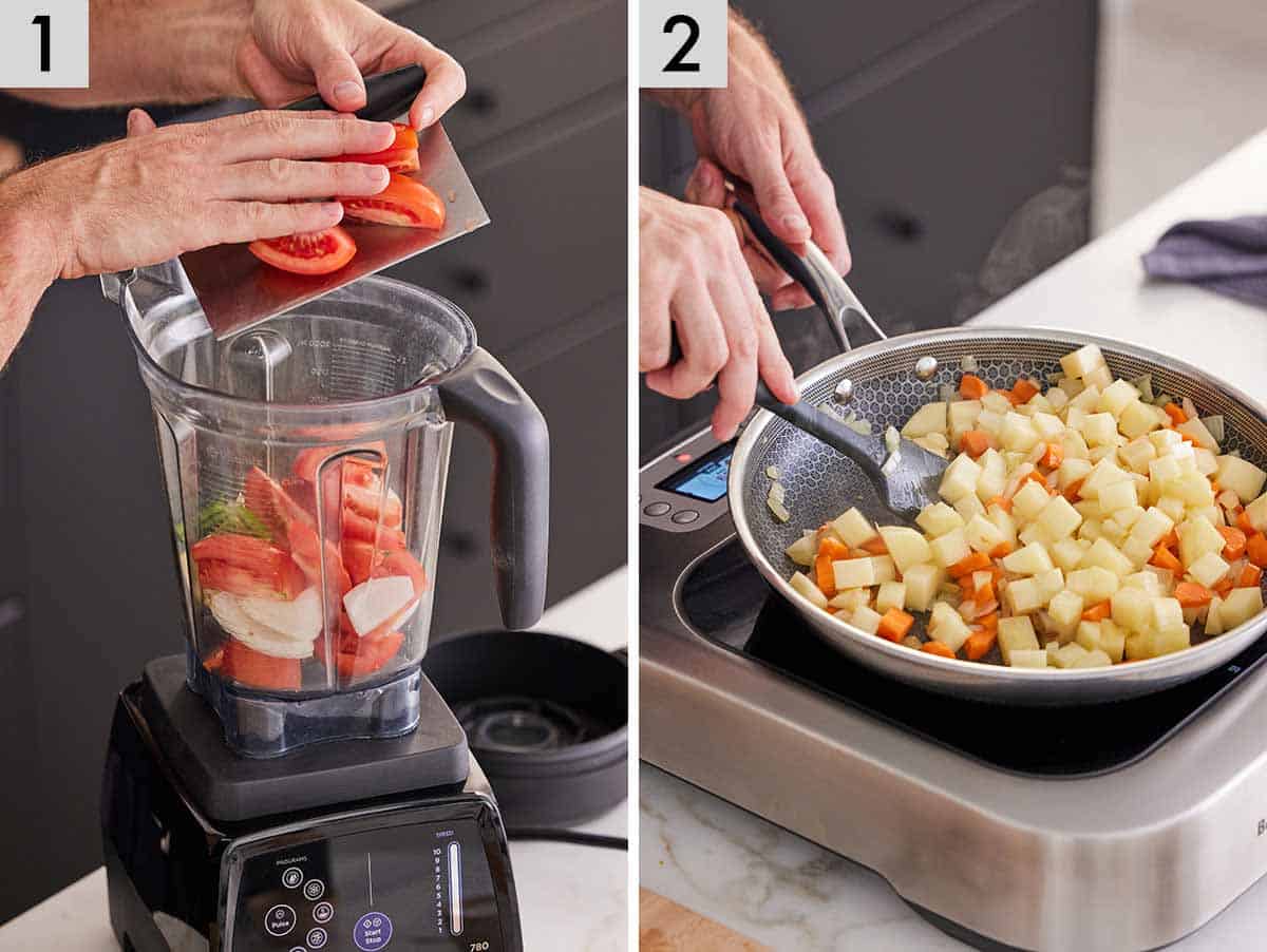Set of two photos showing tomatoes added to a blender and a skillet of potatoes and carrots being sautéed.