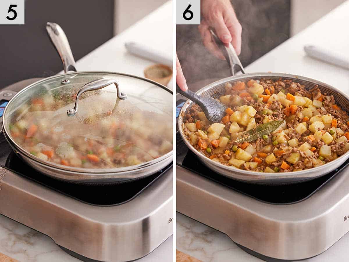 Set of two photos showing the Mexican picadillo simmered and mixed.