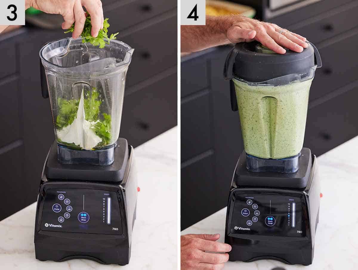 Set of two photos showing sauce ingredients added to a blender and blended smooth.