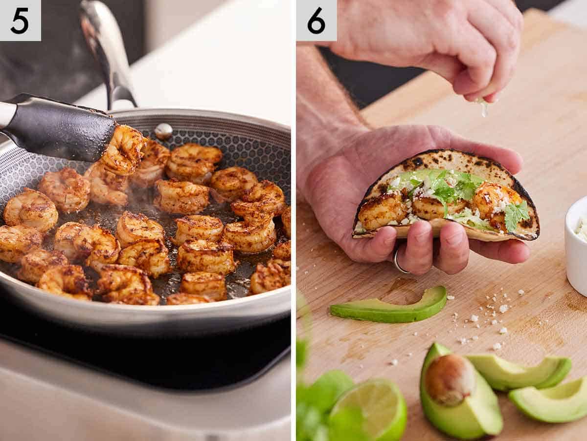 Set of two photos showing shrimps seared and tacos assembled.