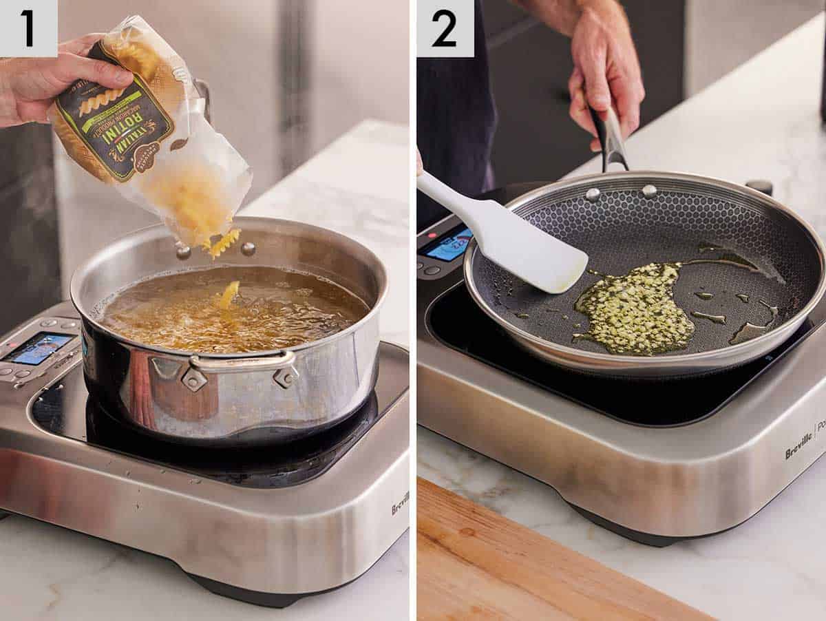 Set of two photos showing noodles added to a pot of water and garlic cooked in a skillet.