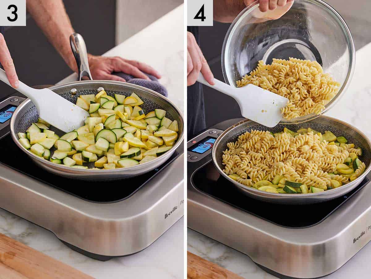 Set of two photos showing the cut squash cooked in a skillet and then cooked pasta added to it.
