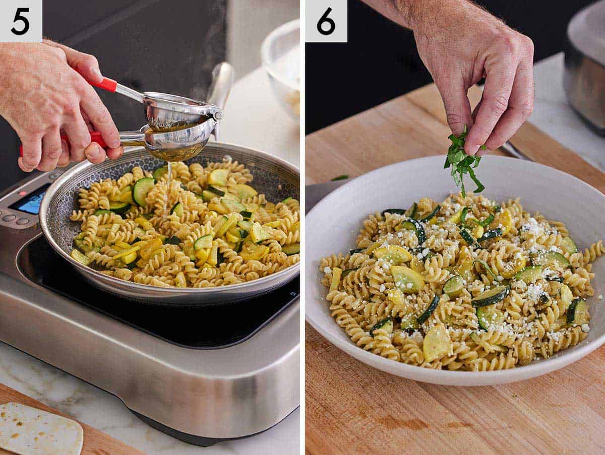 Set of two photos showing lemon juiced over the skillet of summer squash pasta and then garnished with basil.