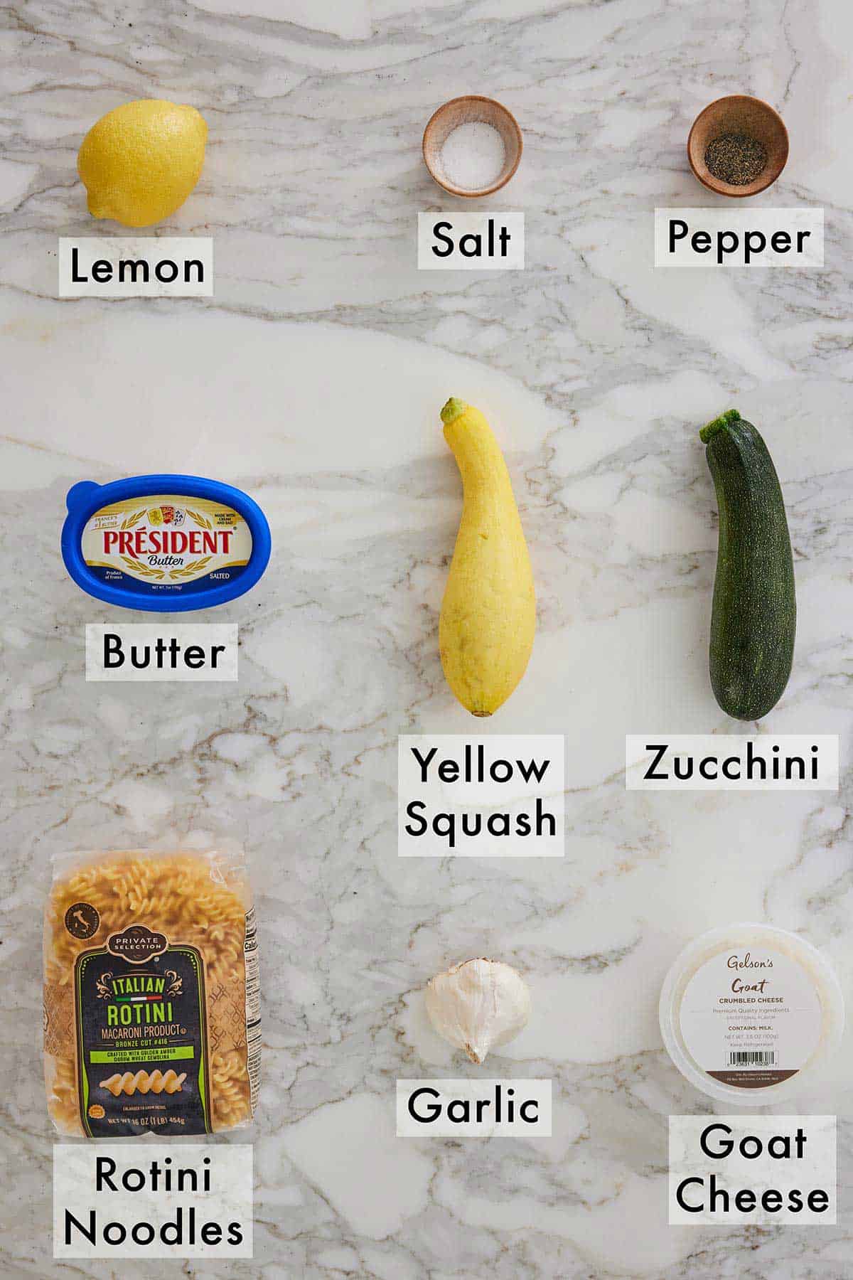 Ingredients needed to make summer squash pasta.