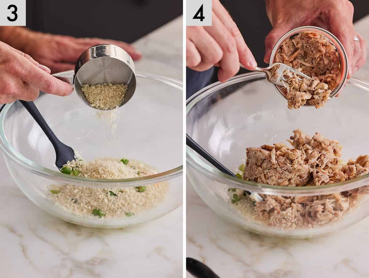 Set of two photos showing breadcrumbs and crab meat added to the bowl.