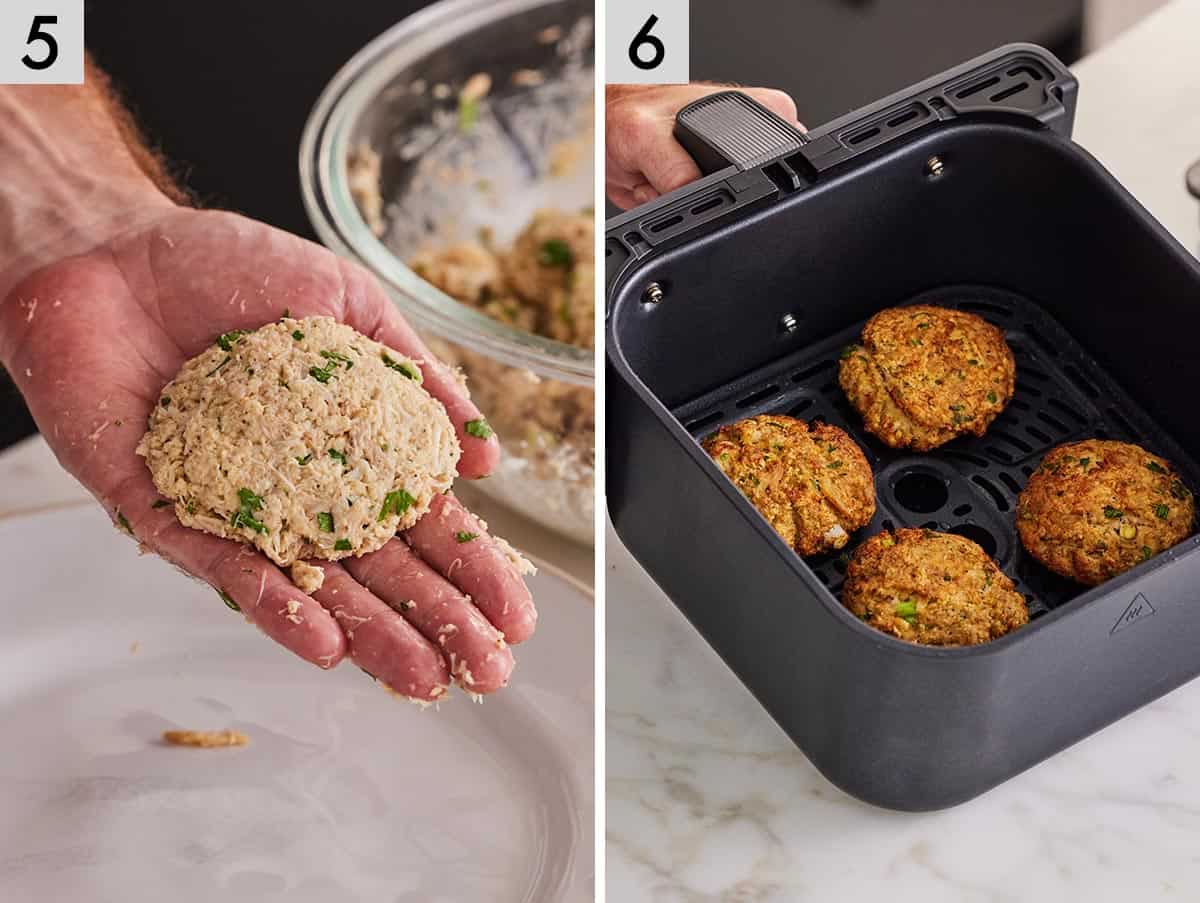 Set of two photos showing the crab mixture shaped and air fried.
