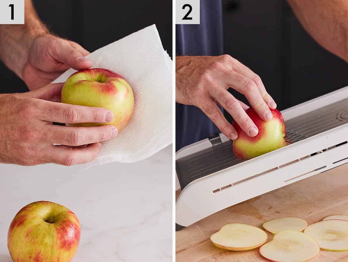 Set of two photos showing an apple cleaned and sliced.