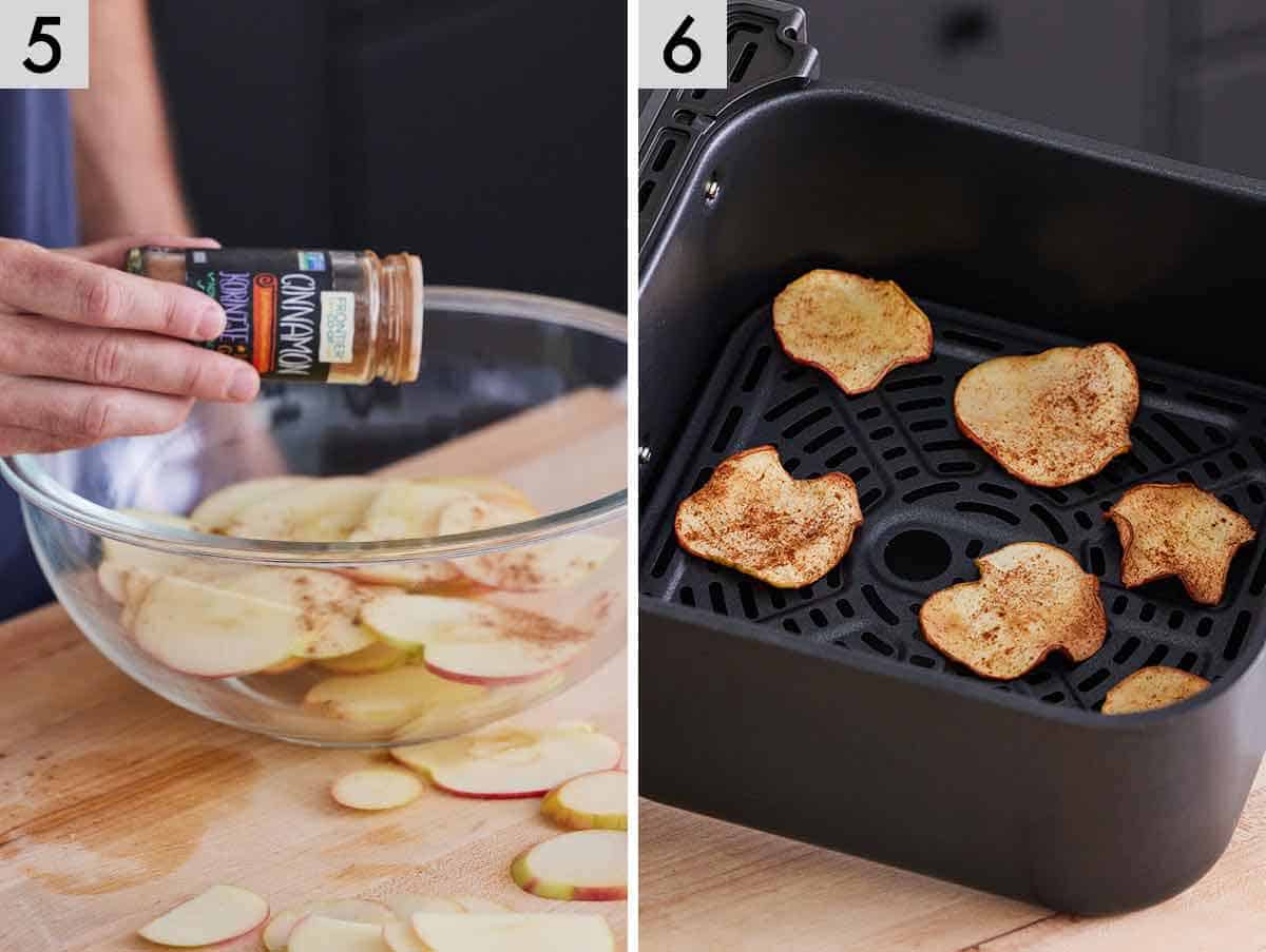 Set of two photos showing cinnamon added to the sliced apples then air fried.