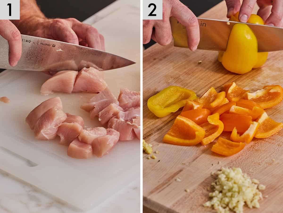 Set of two photos showing chicken and bell pepper sliced.