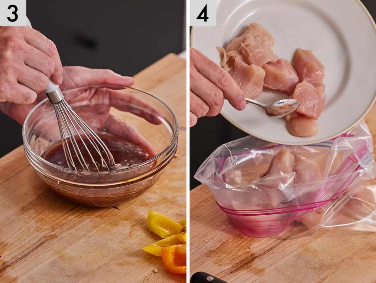 Set of two photos showing marinade whisked and meat added to a ziptop bag.