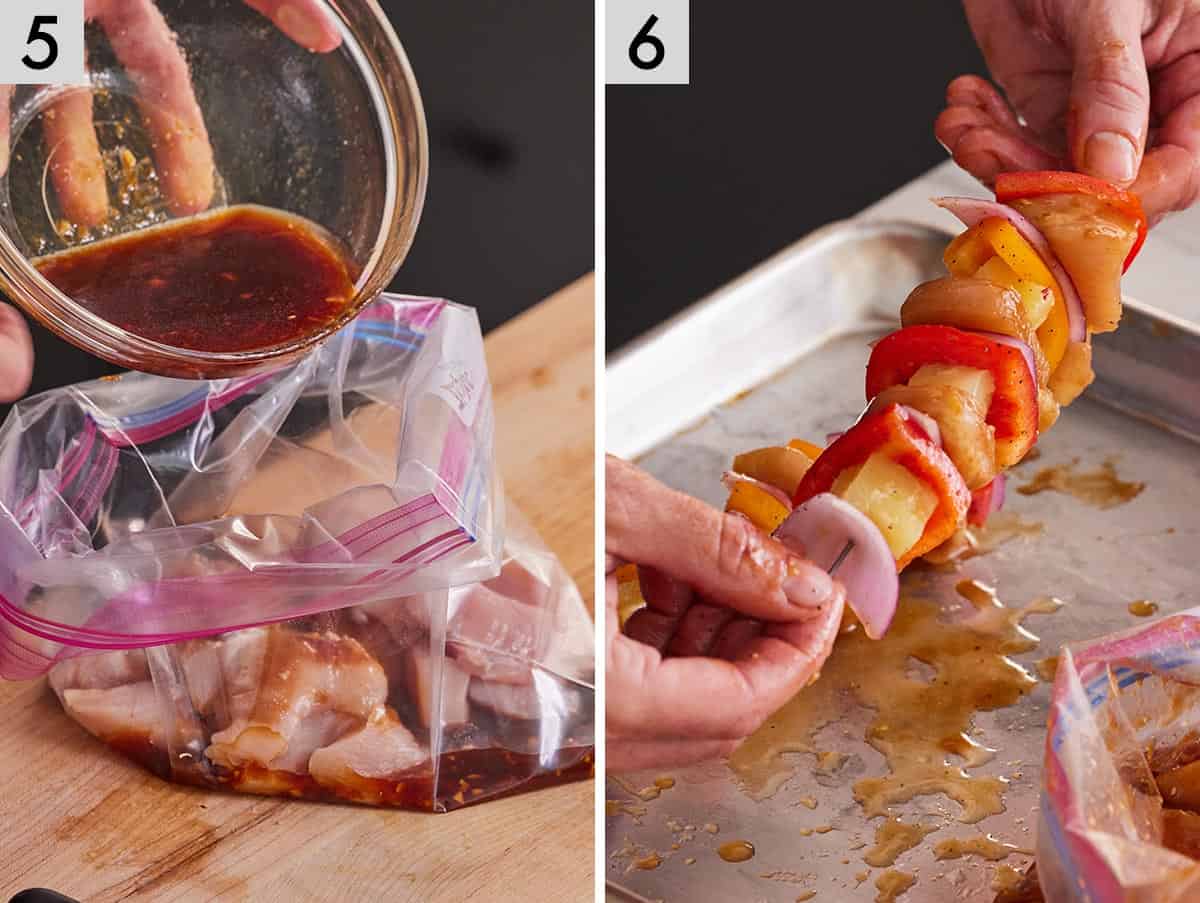 Set of two photos showing marinade added to the diced meat and then skewers formed.