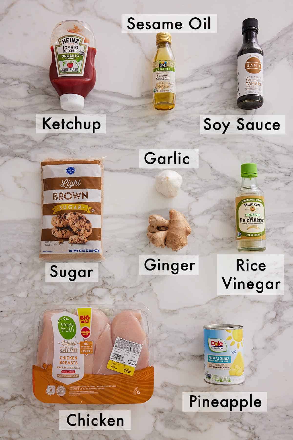 Ingredients needed to make Hawaiian chicken skewers.
