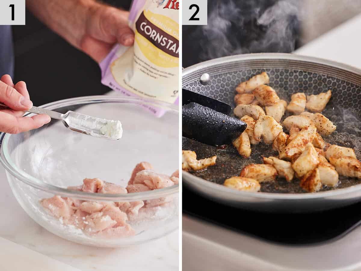 Set of two photos showing cornstarch added to the meat then seared in a skillet.