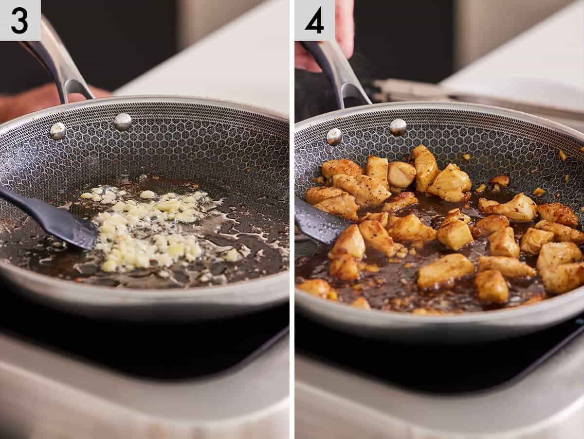 Set of two photos showing garlic cooked in a pan and chicken added.