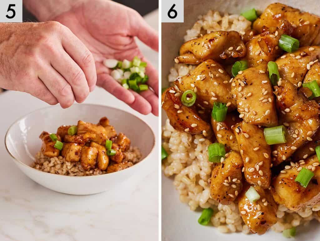 Set of two photos showing green onions sprinkled on over the bowl and a close up of the honey garlic chicken bites.