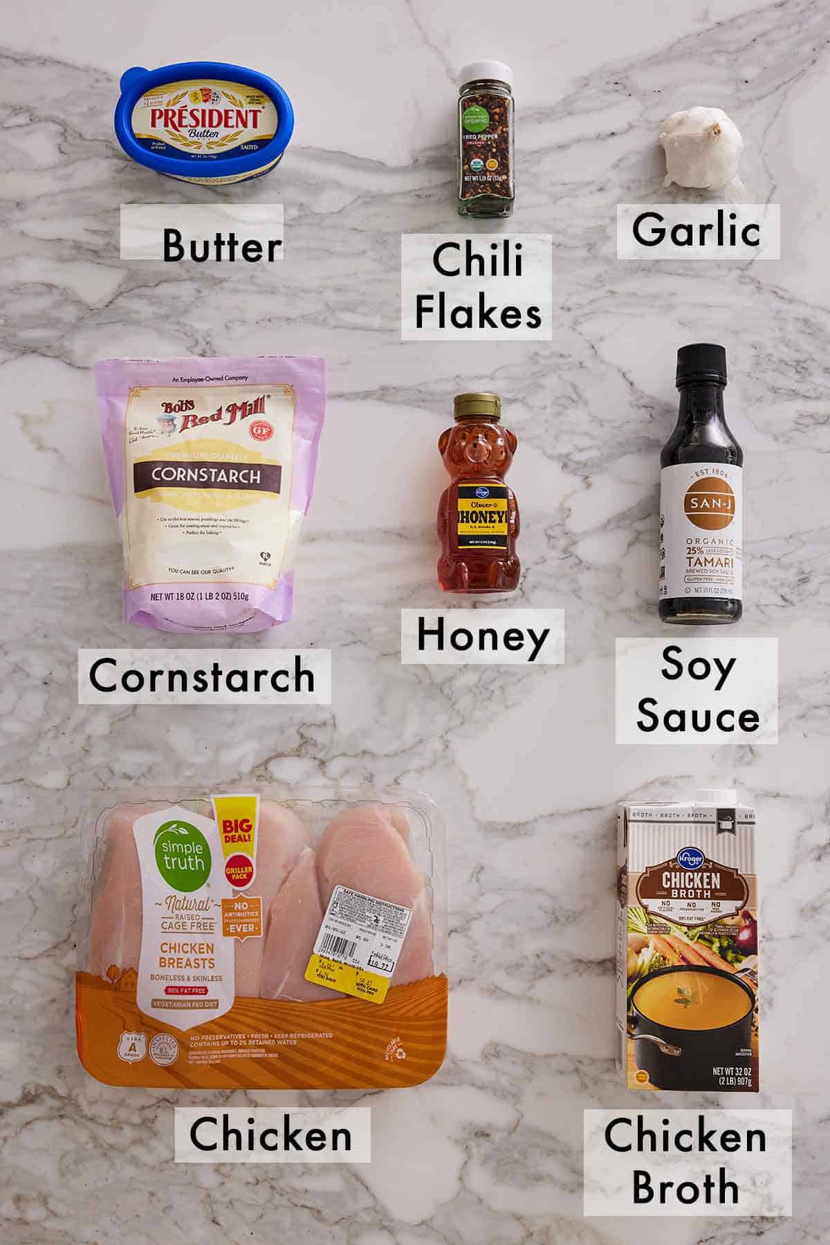 Ingredients needed to make honey garlic chicken bites.