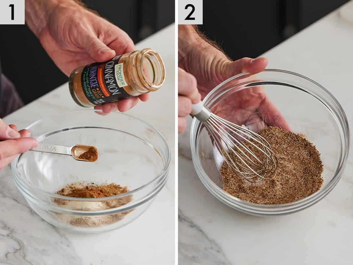 Set of two photos showing seasoning mixed in a bowl.